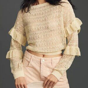 NWT Anthropologie Cream Sheer Open-Stitch Ruffle Summer Pullover Size XXS